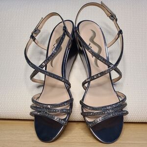 Nina size 8 Pewter Strappy Wedge w/ Rhinestones